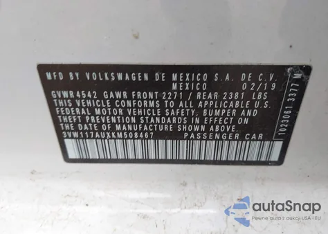 2019 Volkswagen Golf Sportwagen 1.8T S z USA, uszkodzony, nr VIN 3VW117AUXKM508467